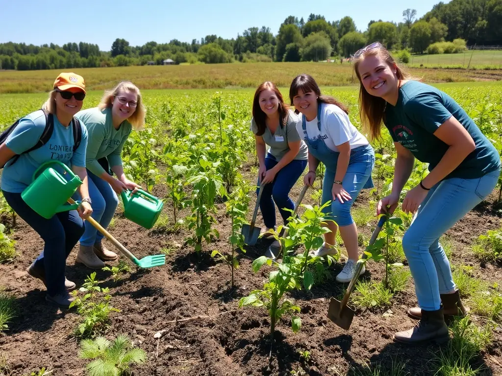 A group of volunteers planting trees in a rural community, symbolizing environmental awareness and sustainability.