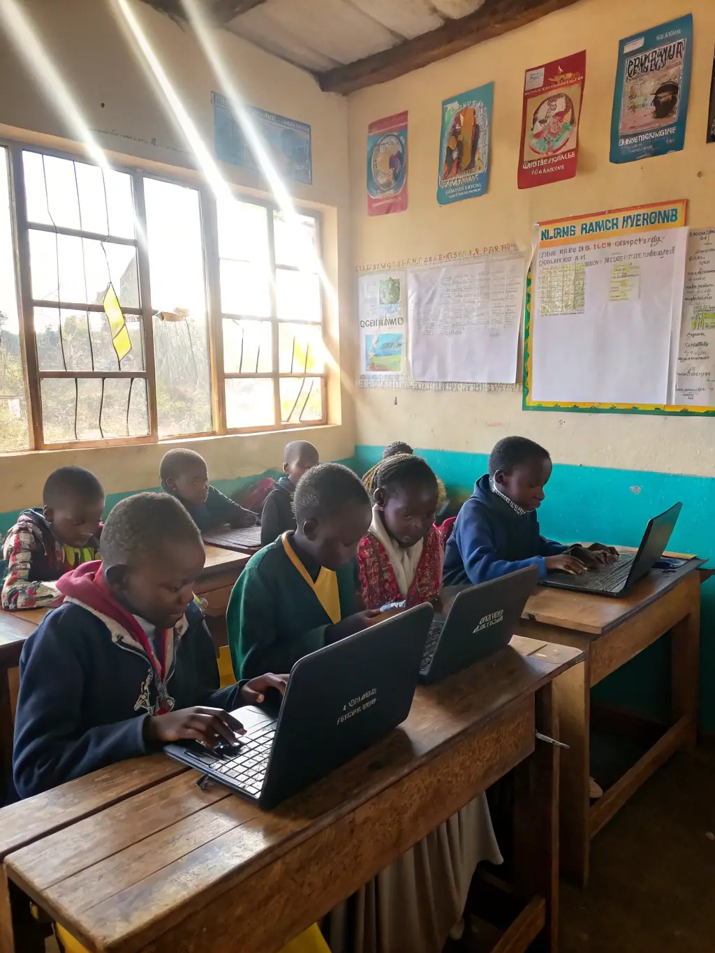 A group of children participating in an educational workshop focused on environmental conservation in a rural classroom setting.